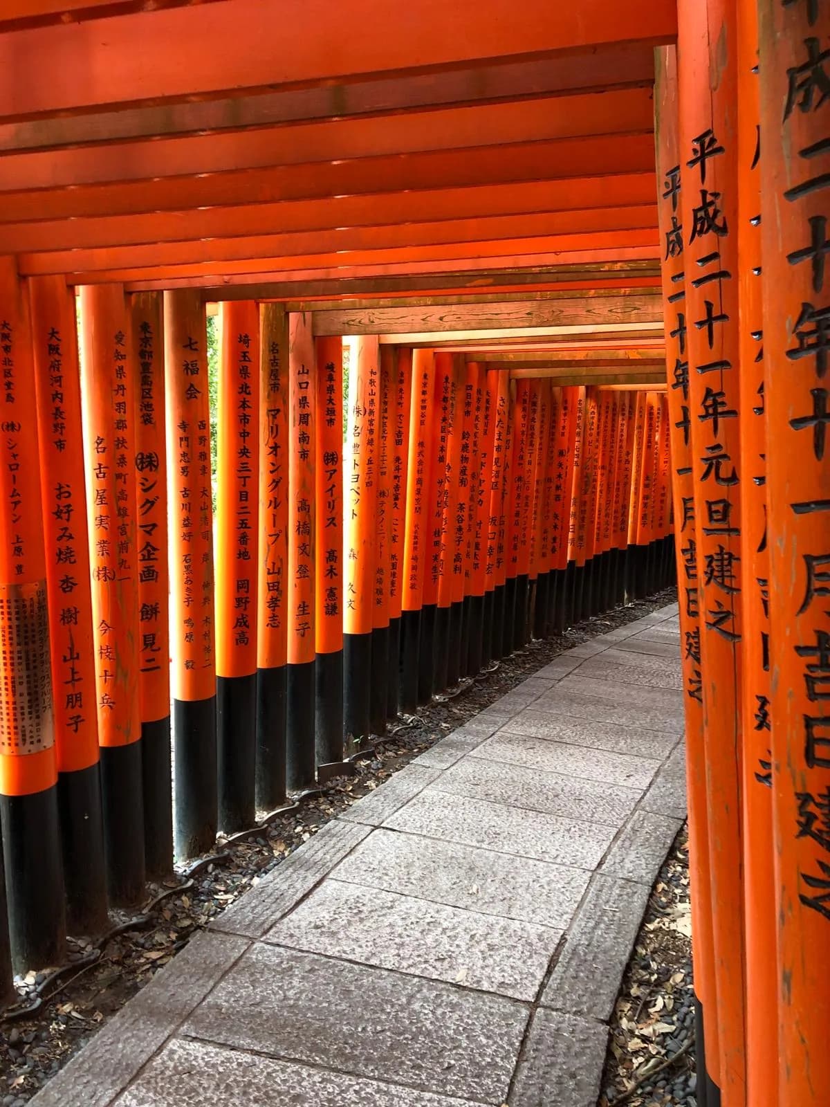 Steinweg durch einen Gang aus roten Torii-Toren mit japanischen Schriftzeichen
